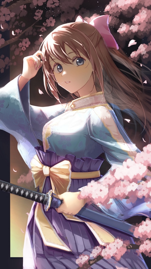 Osaka Shizuku with Katana and Cherry Blossoms