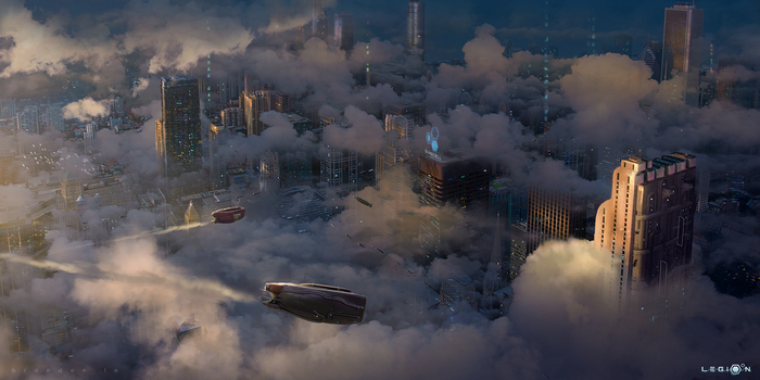 Futuristic city in the clouds with flying vehicles