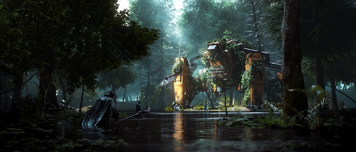 Overgrown futuristic machine in a forest