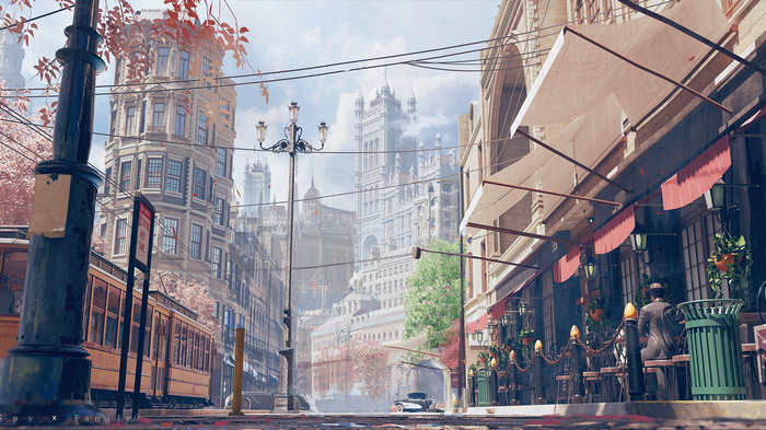 Fantasy city street with tram and cafe