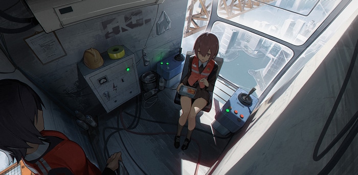 Anime girls in a control room overlooking a city