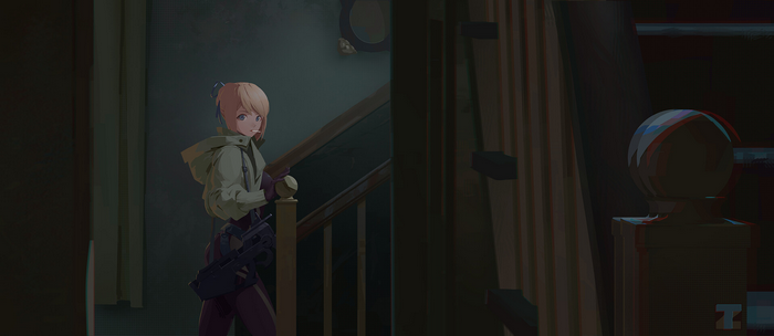 Anime girl with gun on stairs