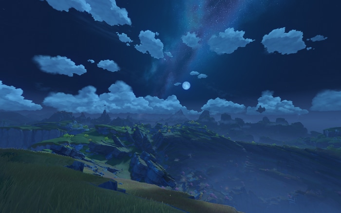 Genshin Impact starry night sky over mountains