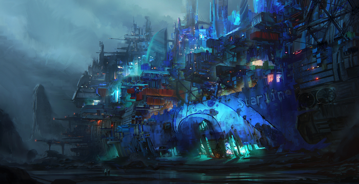 4K science fiction city with blue and green lights