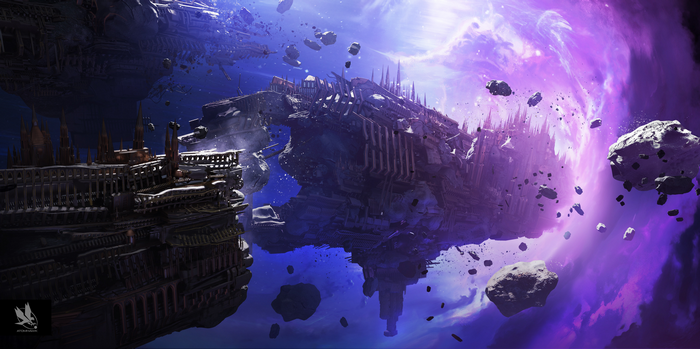 Warhammer 40,000 spaceships in a purple warp wormhole