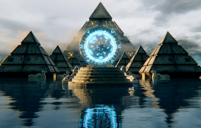 Sci-fi Stargate with pyramids in water