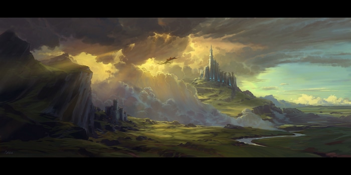 Dragon flying over a fantasy castle in the mountains