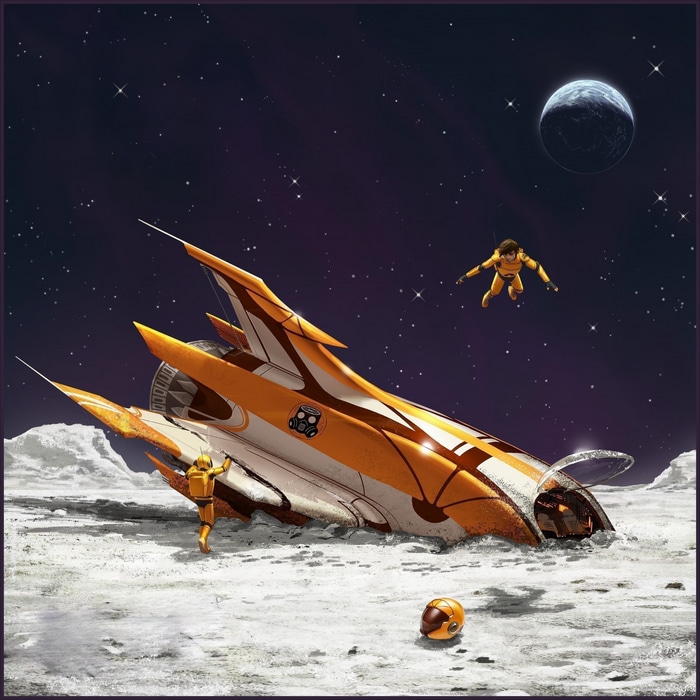 Astronauts and spaceship on a moon with a planet in the sky