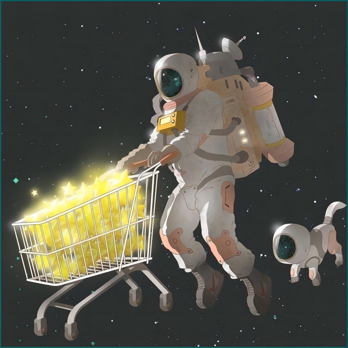 Astronaut pushing a shopping cart full of stars with a dog