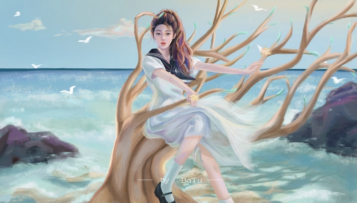 4K Asian woman in sailor uniform by a tree