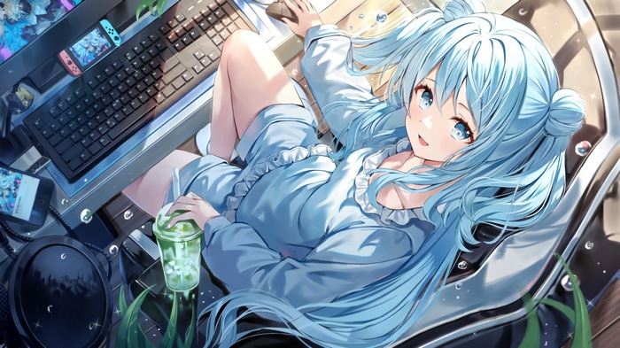 Girl with blue hair and Nintendo Switch