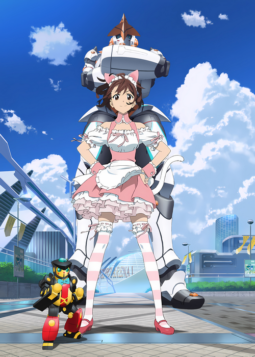 Akiho Senomiya and mechs in a futuristic city