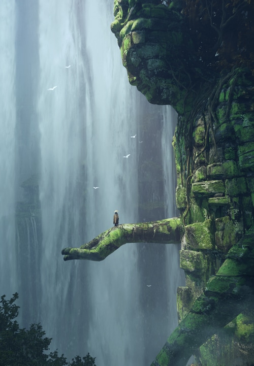 Moss-covered statue with a waterfall and birds
