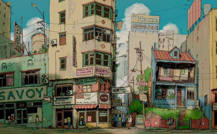 Street scene with Savoy Club and various shops