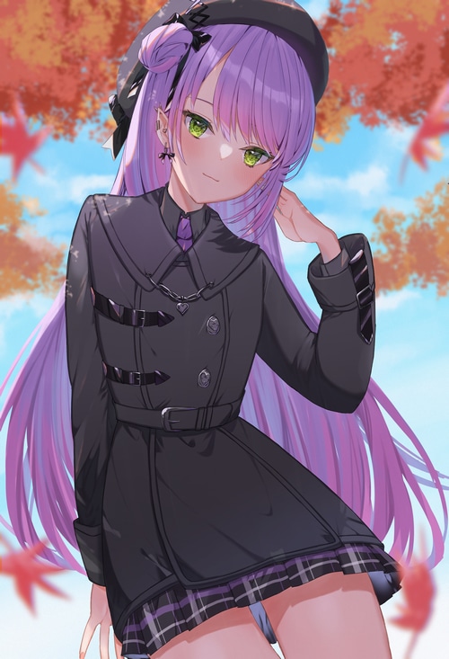 Tokoyami Towa in a black coat with purple hair