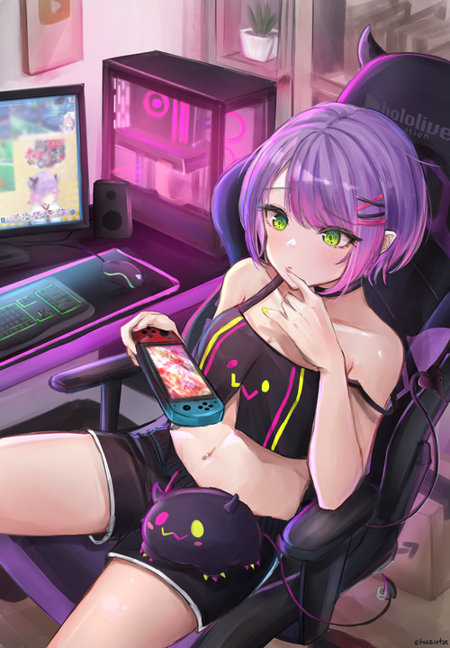 Tokoyami Towa playing Nintendo Switch in a gaming room