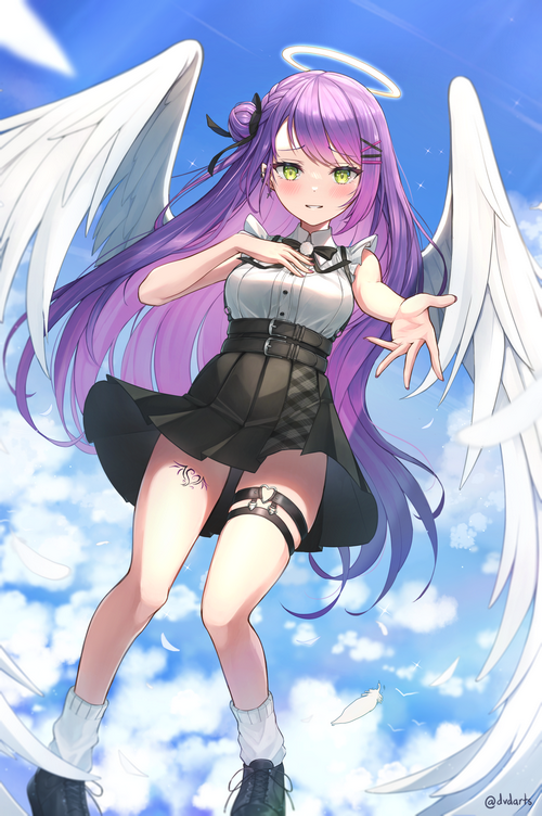 Anime girl with purple hair and angel wings