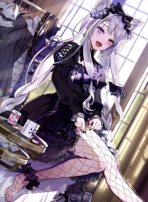 Anime cat girl in black gothic dress and fishnets