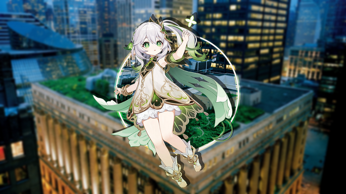 Nahida from Genshin Impact in a city setting