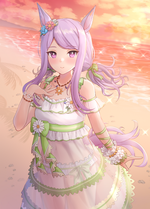 Mejiro McQueen in a summer dress on the beach