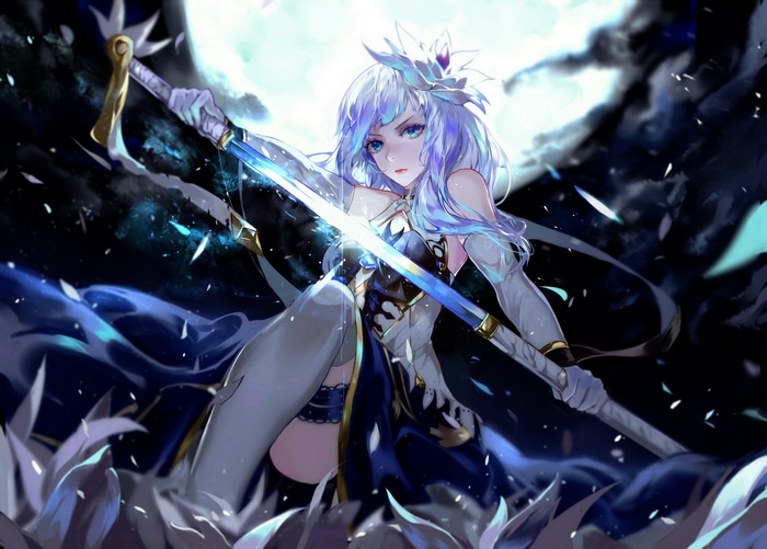 Anime girl with blue hair and sword under the moon