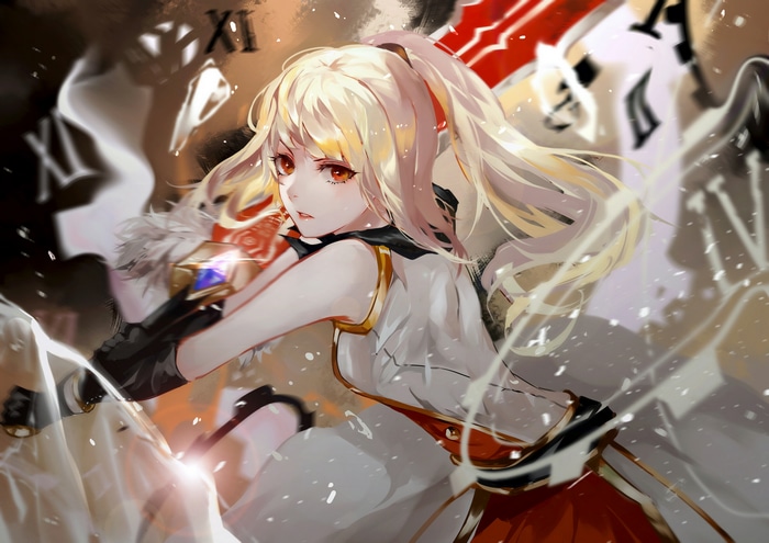 Anime girl with blonde ponytail and red eyes
