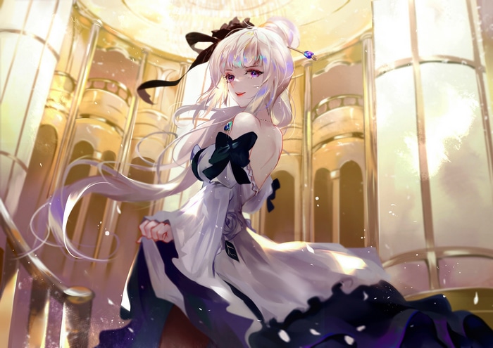 Anime girl with white hair in a dress