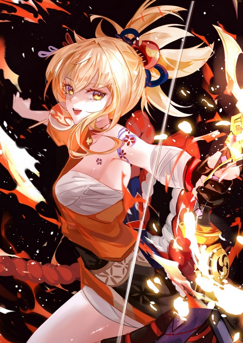 Yoimiya from Genshin Impact with a bow and fire