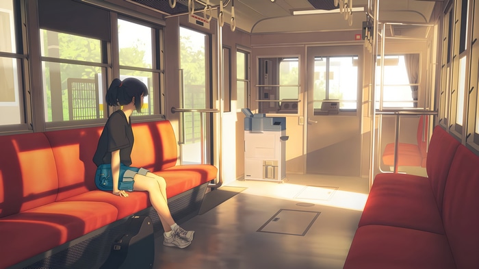 4K train interior with a girl sitting