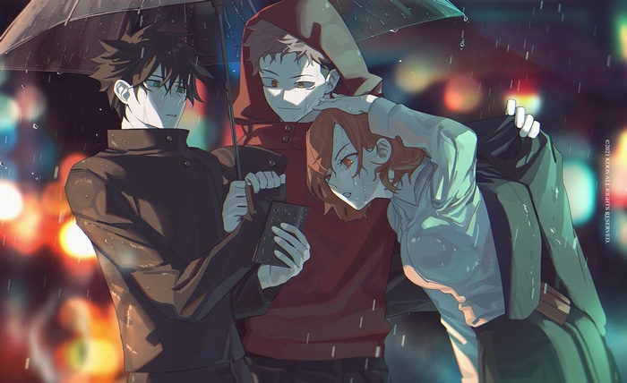 Jujutsu Kaisen characters under an umbrella in the rain