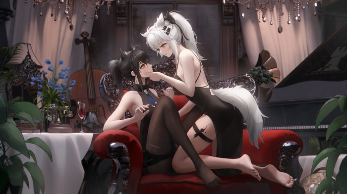 Arknights Lappland and Texas on a red couch