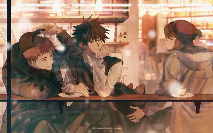Anime boys in a cafe with books