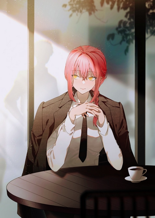 Makima from Chainsaw Man at a cafe