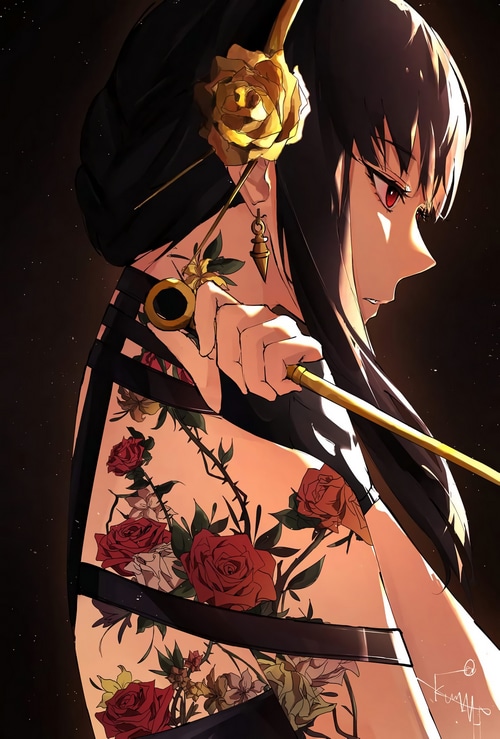 Yor Forger with Rose Tattoo and Weapon