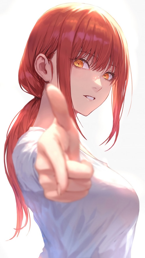 Makima from Chainsaw Man doing a finger gun