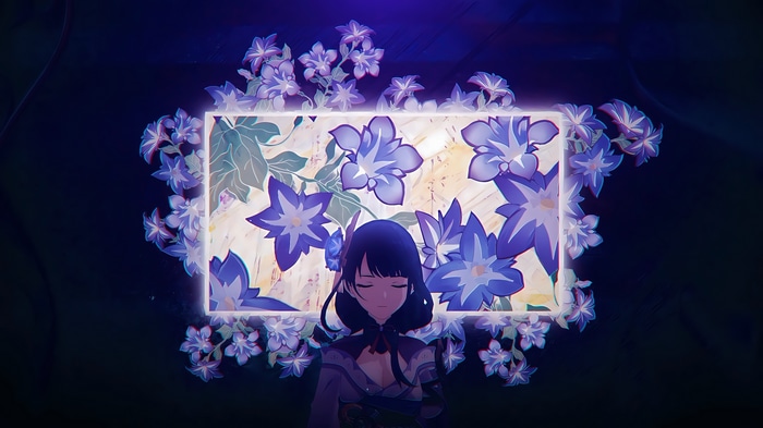 Raiden Shogun surrounded by purple flowers in Genshin Impact
