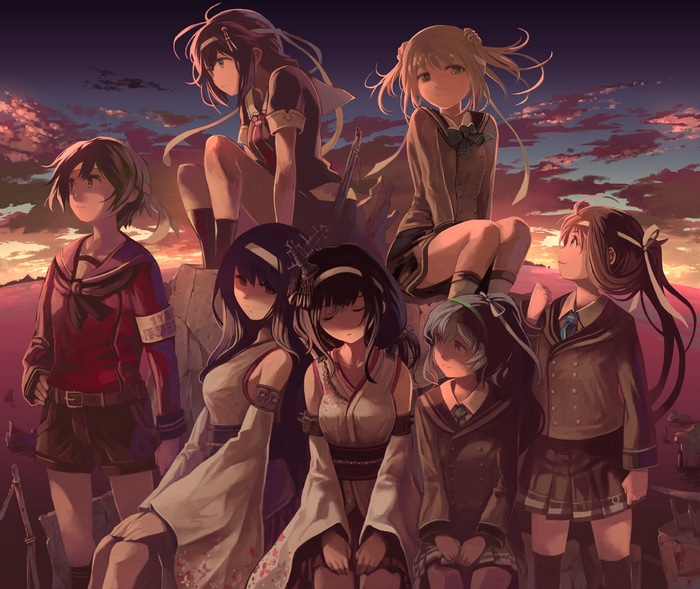 Kantai Collection girls in school uniforms at sunset