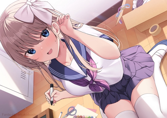 Anime girl with blue eyes in school uniform holding a marker