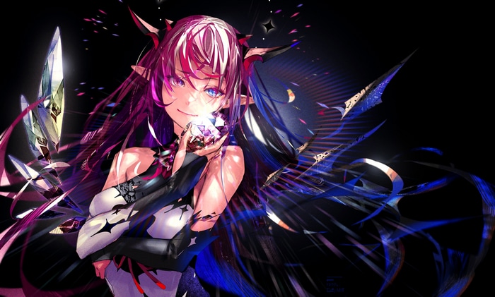 IRyS holding a crystal with purple and pink hair