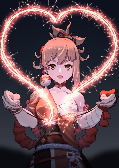 Yoimiya from Genshin Impact creates a heart shape with sparklers