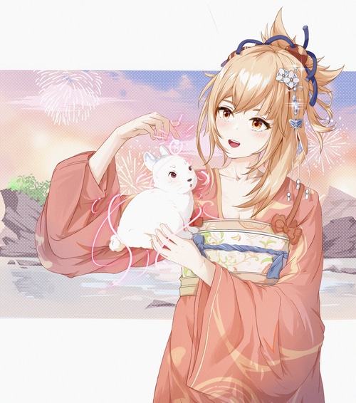 Yoimiya holding a rabbit with fireworks in the background