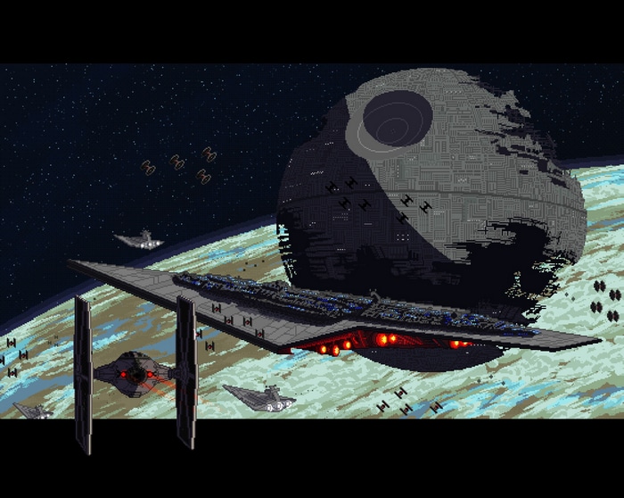 Star Wars Death Star and Super Star Destroyer in space