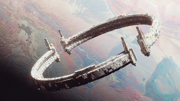 Futuristic space station orbiting a colorful planet