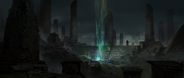 Fantasy ruins with a magical portal and a cloaked figure