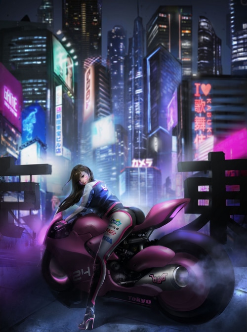 D.Va on a pink motorcycle in a neon Tokyo city