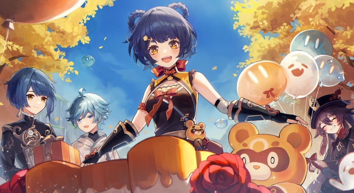 Genshin Impact characters celebrating with balloons and gifts
