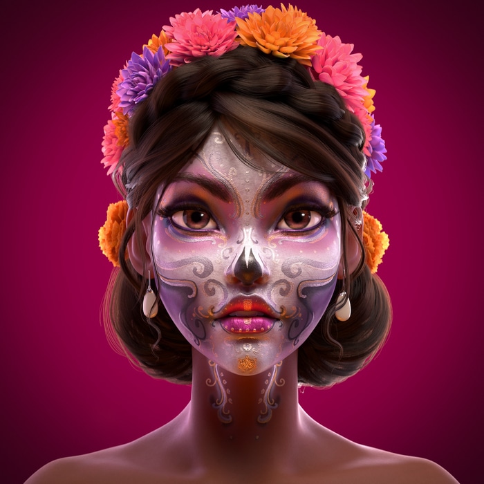 Woman with Sugar Skull makeup and flowers in hair
