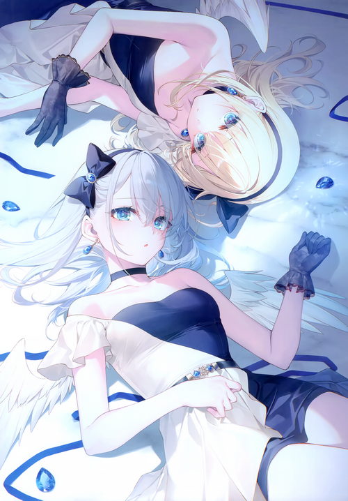 Two women with blue eyes lying down