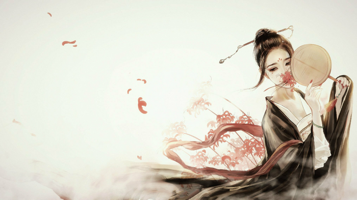 Asian woman with fan and red flowers