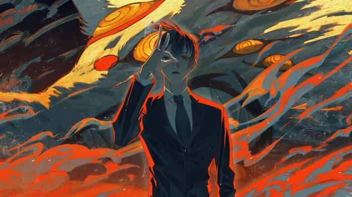 4K Anime Boy in Suit with Fiery Background